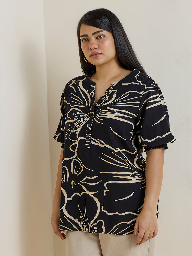 Gia Black Floral Patterned Cotton Blouse