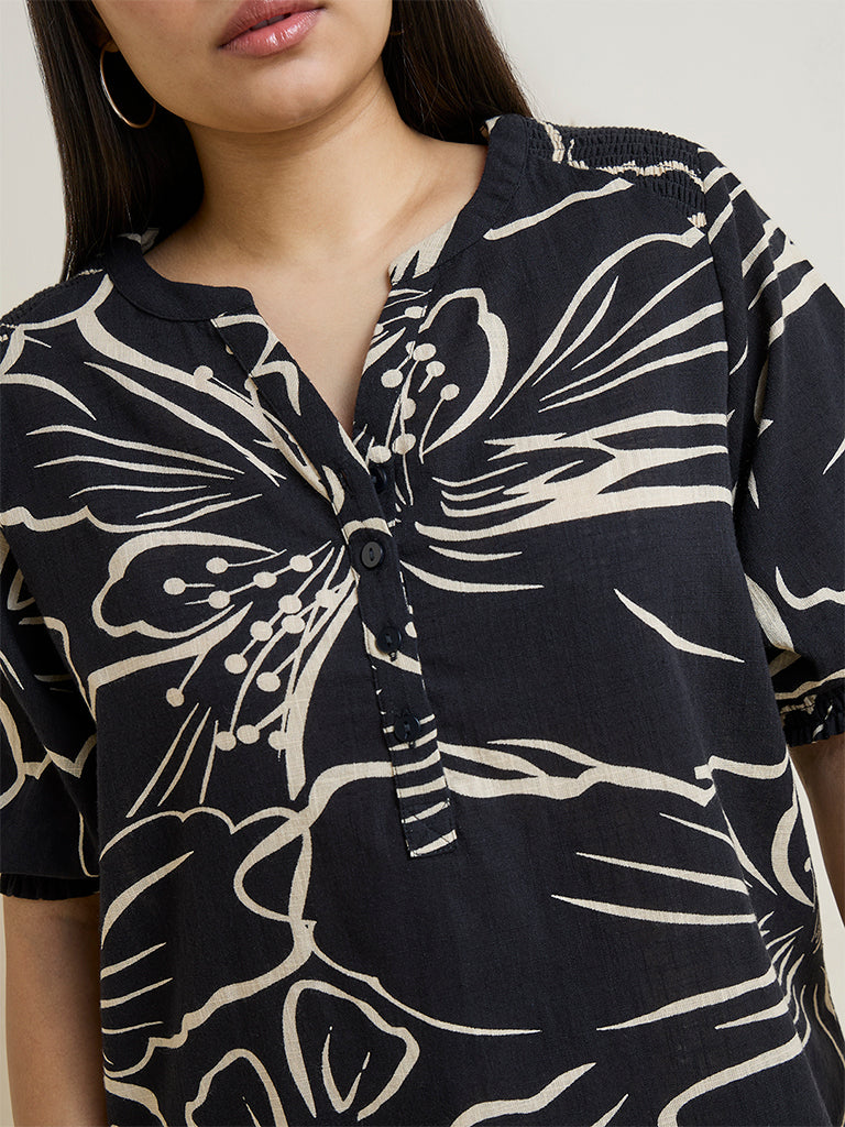 Gia Black Floral Patterned Cotton Blouse