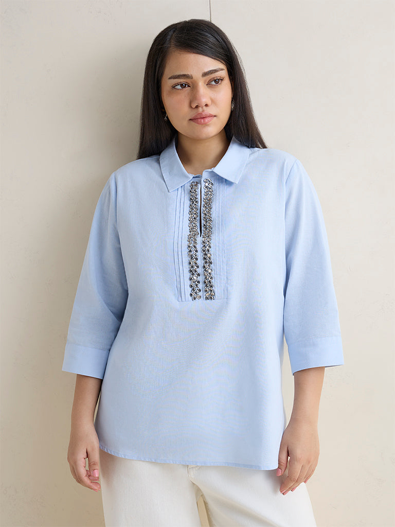 Gia Light Blue Embellished Cotton-Blend Blouse