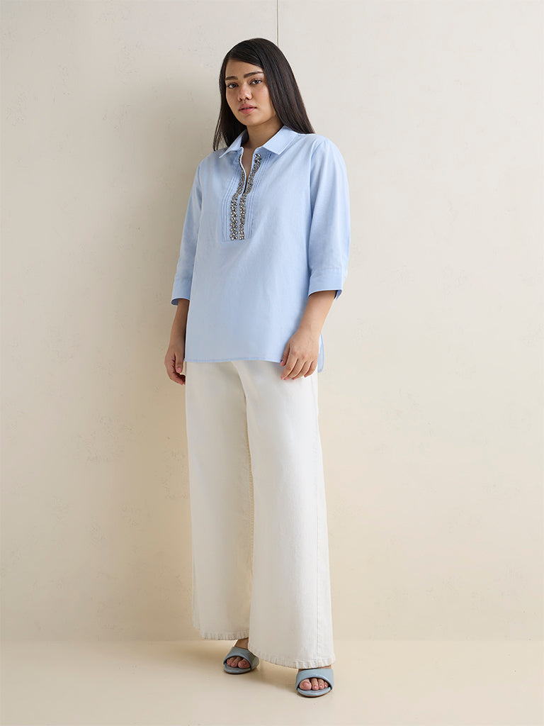 Gia Light Blue Embellished Cotton-Blend Blouse