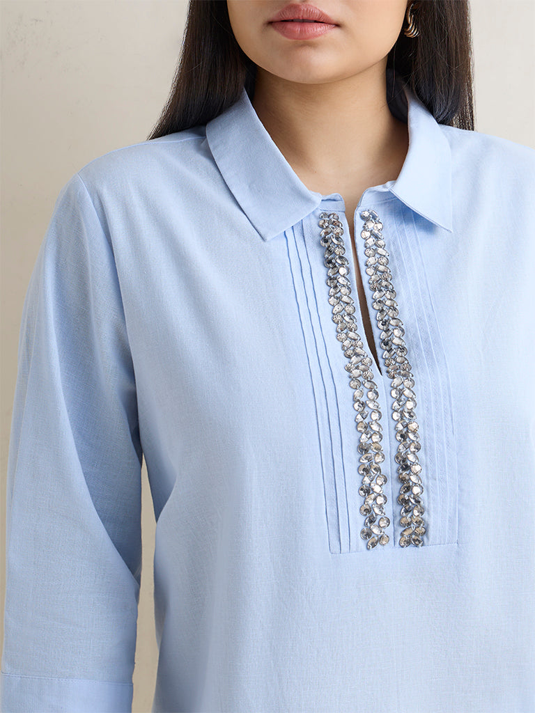 Gia Light Blue Embellished Cotton-Blend Blouse