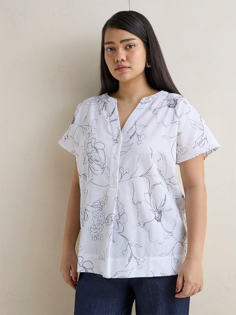 Gia White Floral Printed Cotton-Blend Blouse