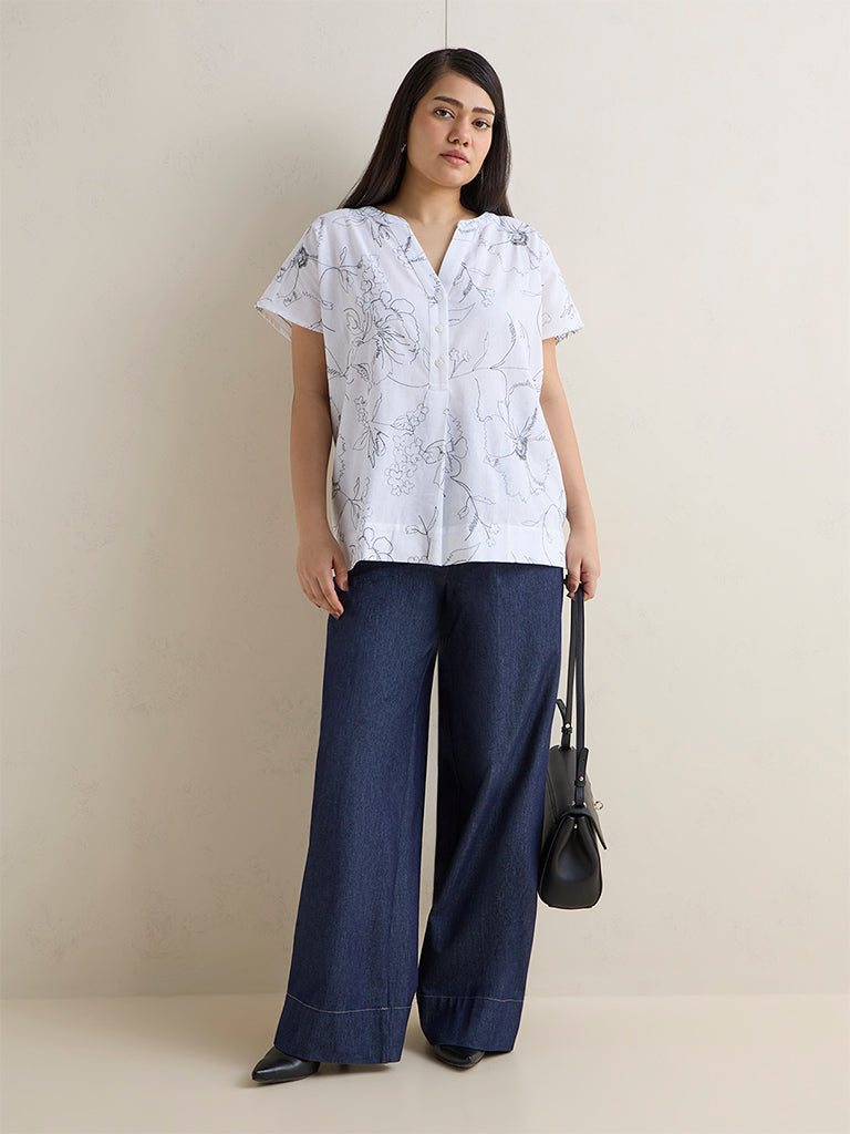 Gia White Floral Printed Cotton-Blend Blouse