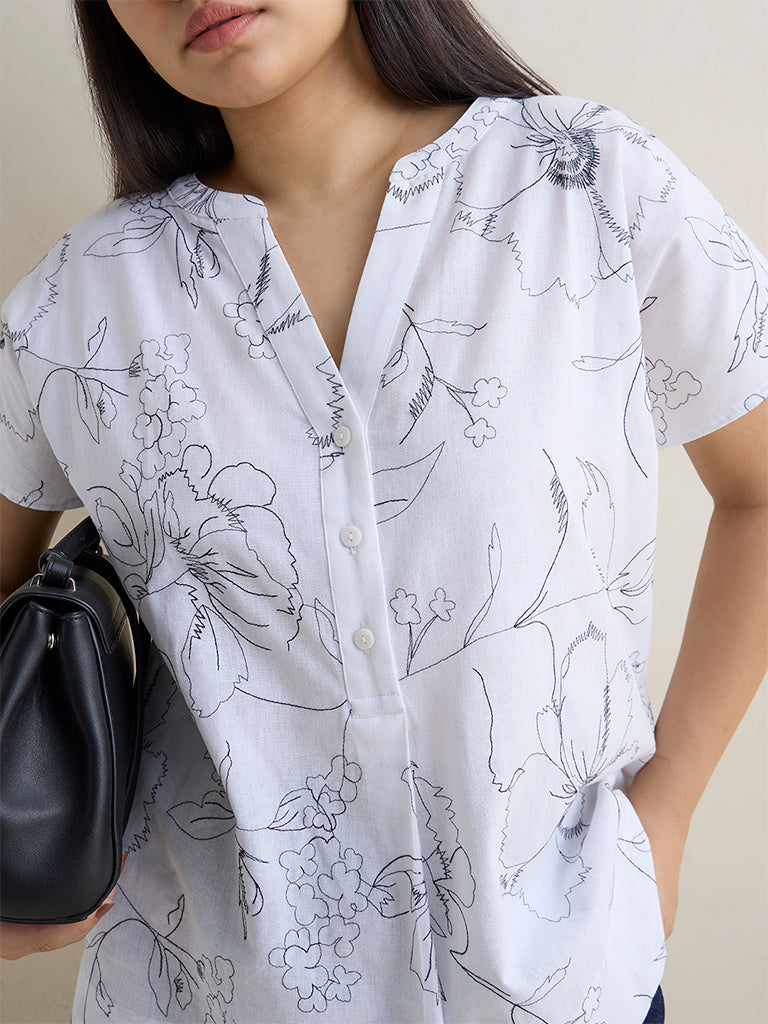 Gia White Floral Printed Cotton-Blend Blouse