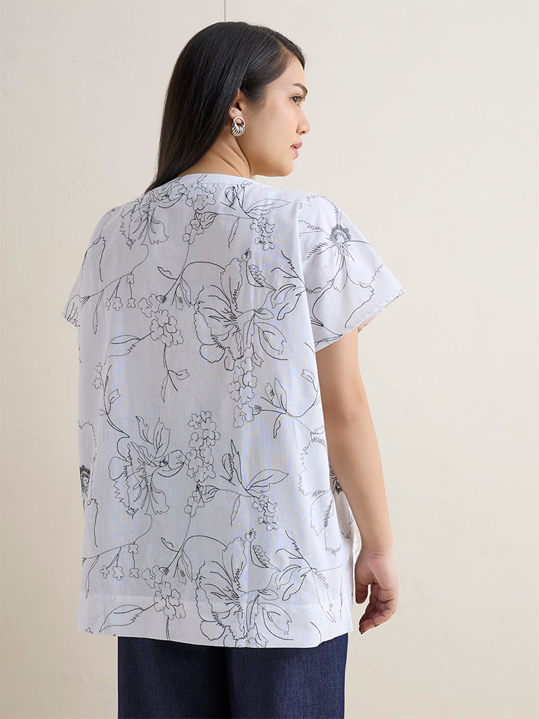 Gia White Floral Printed Cotton-Blend Blouse
