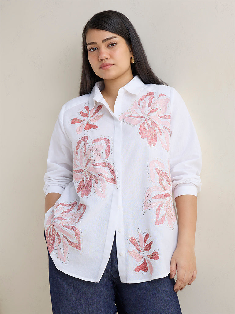 Gia White Floral Embroidered Cotton-Blend Shirt