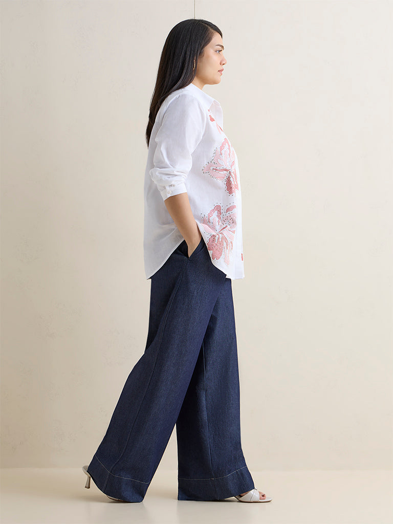 Gia White Floral Embroidered Cotton-Blend Shirt