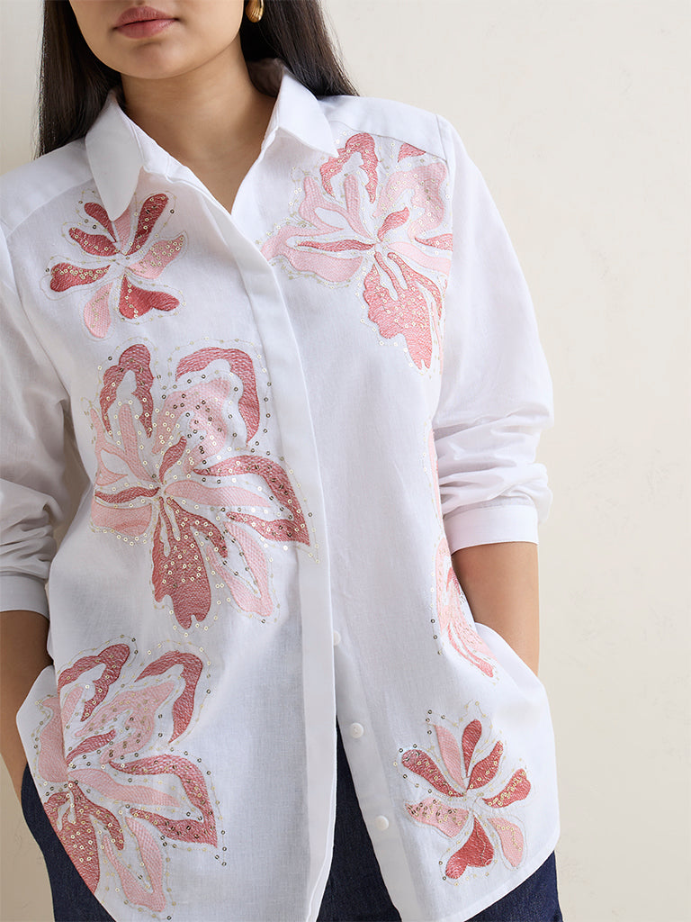 Gia White Floral Embroidered Cotton-Blend Shirt
