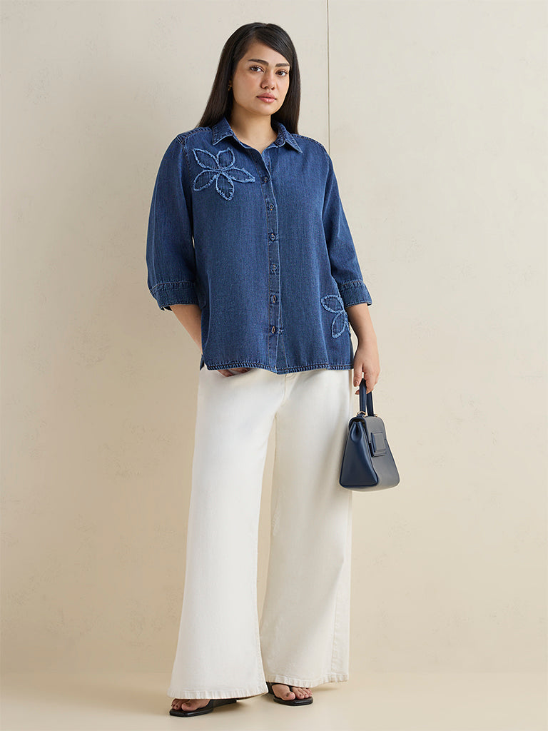 Gia Dark Blue Floral Embroidered Denim Shirt