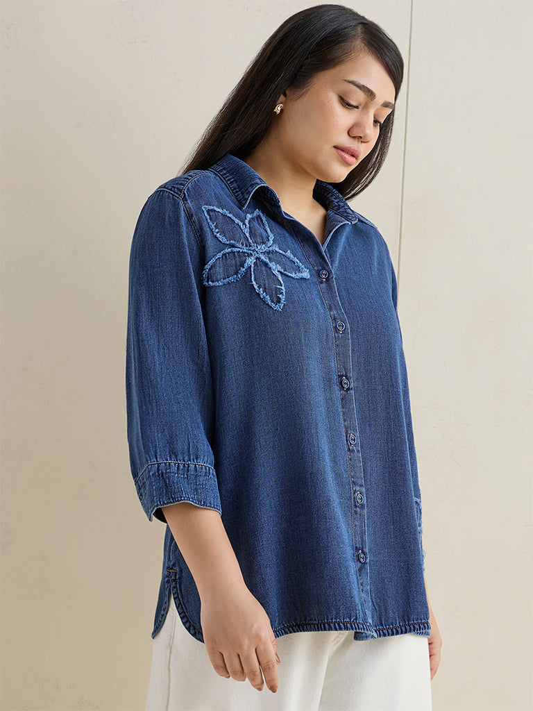 Gia Dark Blue Floral Embroidered Denim Shirt