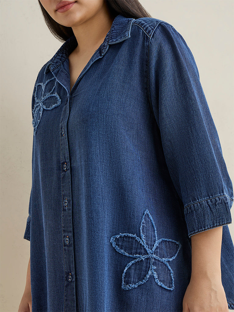 Gia Dark Blue Floral Embroidered Denim Shirt