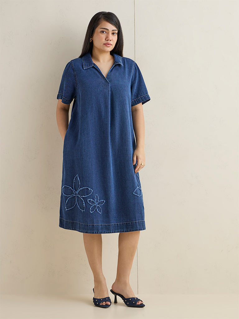 Gia Dark Blue Floral Embroidered Denim A-Line Dress