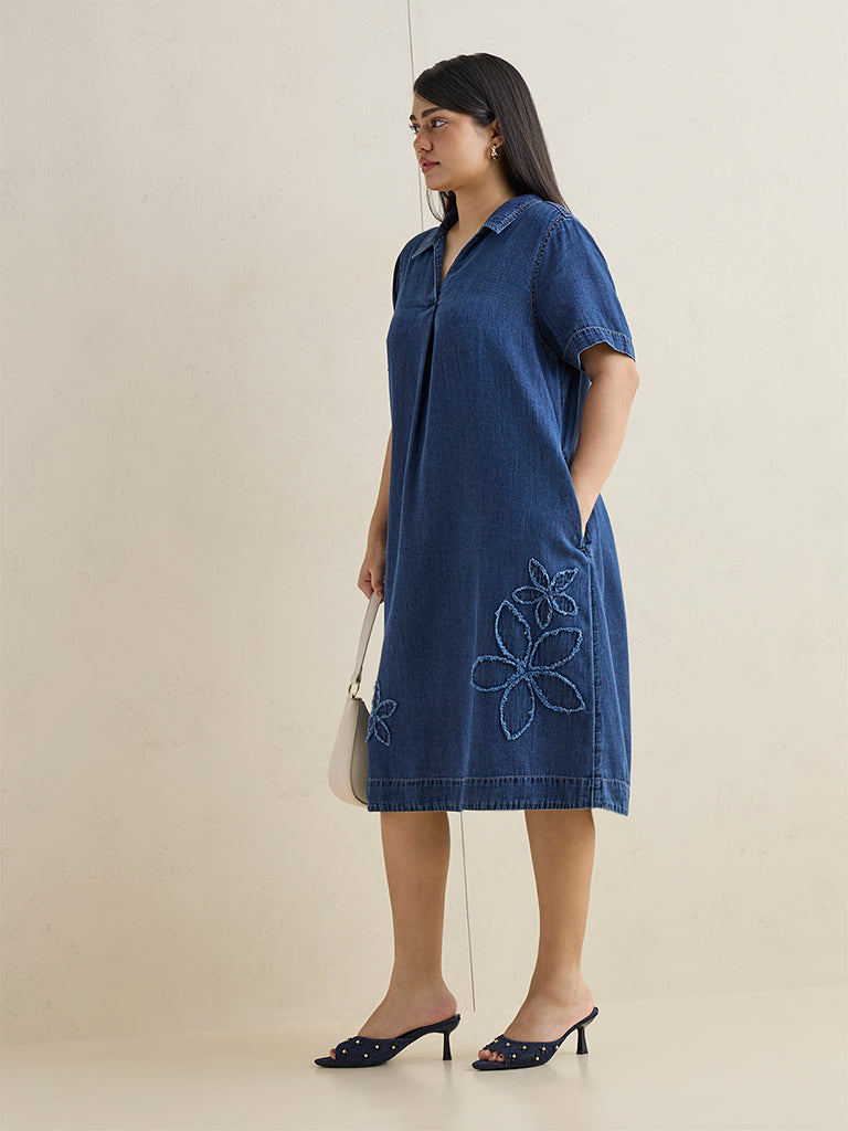 Gia Dark Blue Floral Embroidered Denim A-Line Dress