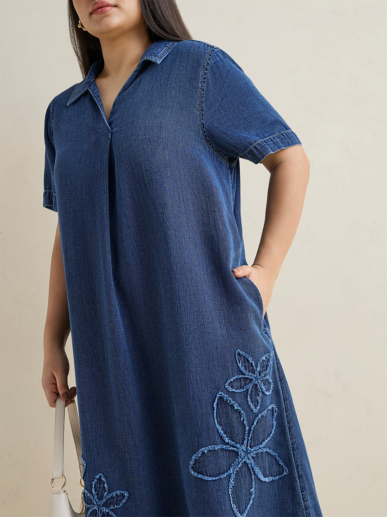 Gia Dark Blue Floral Embroidered Denim A-Line Dress