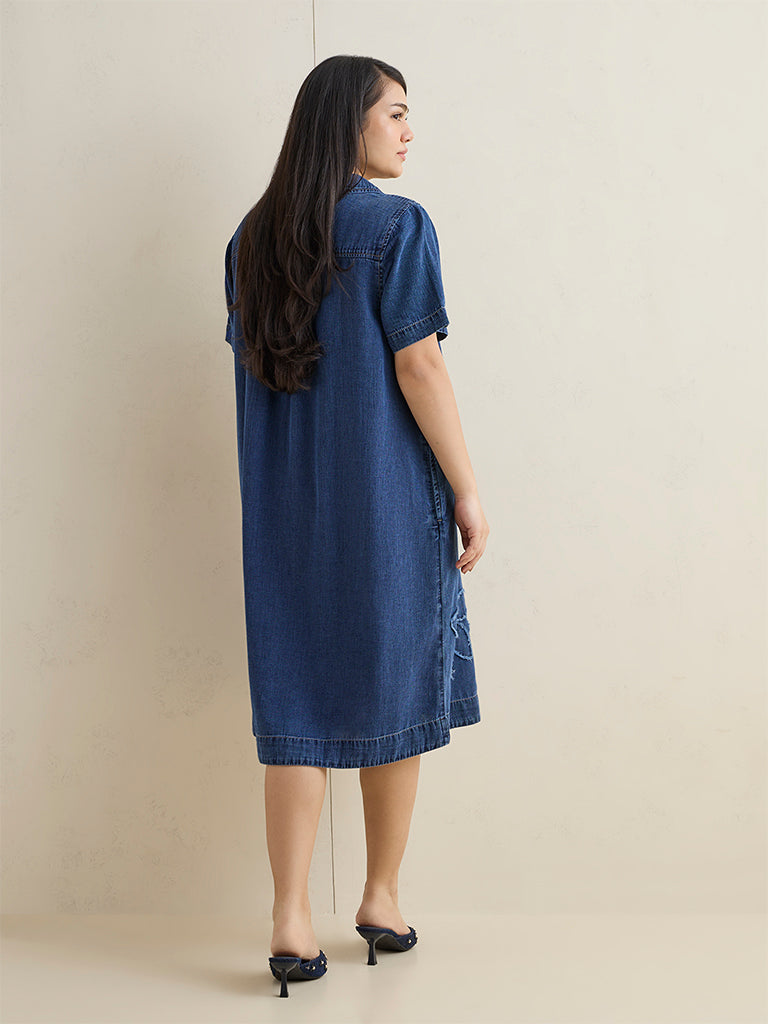 Gia Dark Blue Floral Embroidered Denim A-Line Dress
