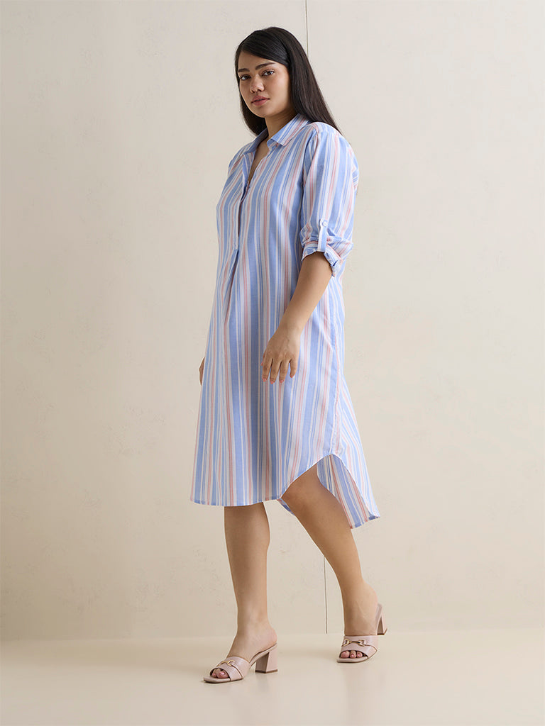 Gia Blue Striped Cotton A-Line Dress