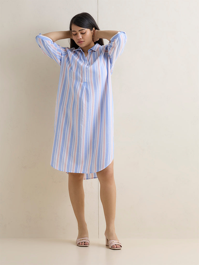 Gia Blue Striped Cotton A-Line Dress