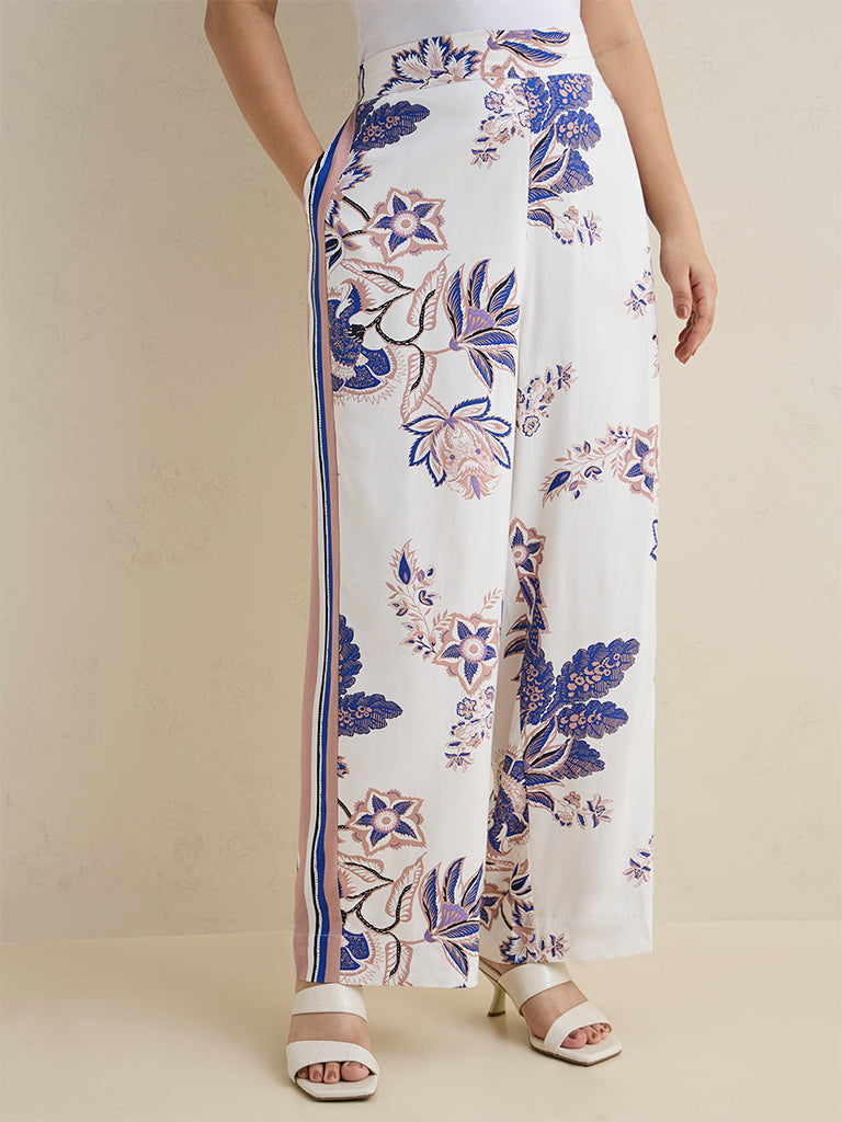 Gia White Floral Printed High-Rise Trousers