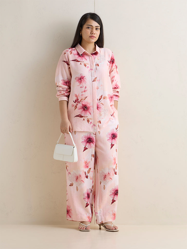 Gia Peach Floral Printed High-Rise Trousers