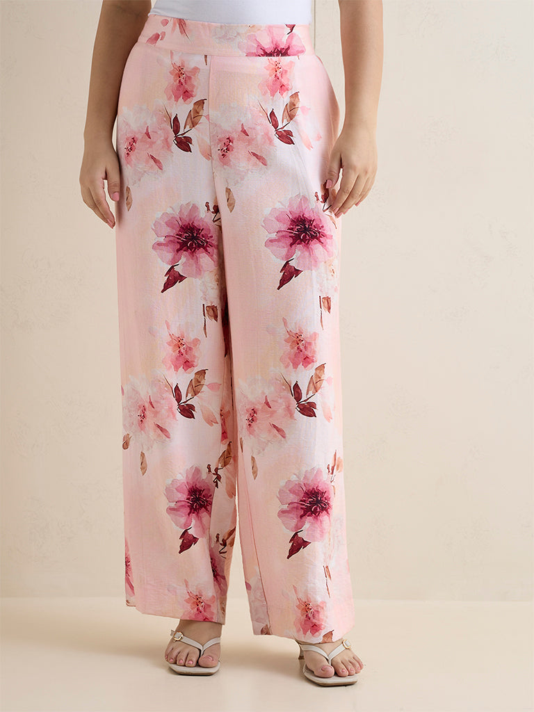Gia Peach Floral Printed High-Rise Trousers