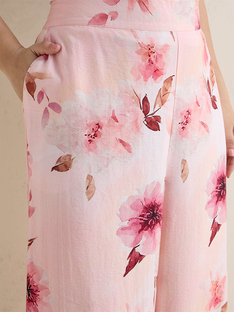 Gia Peach Floral Printed High-Rise Trousers