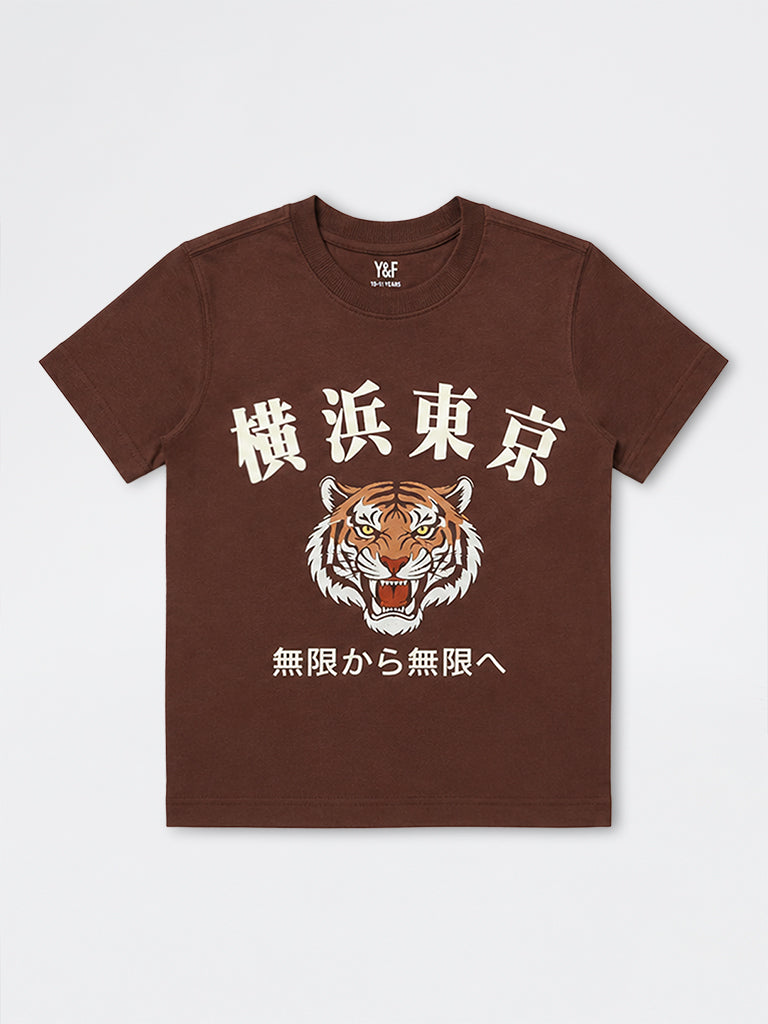 Boys Brown Graphic Printed Cotton T-Shirt