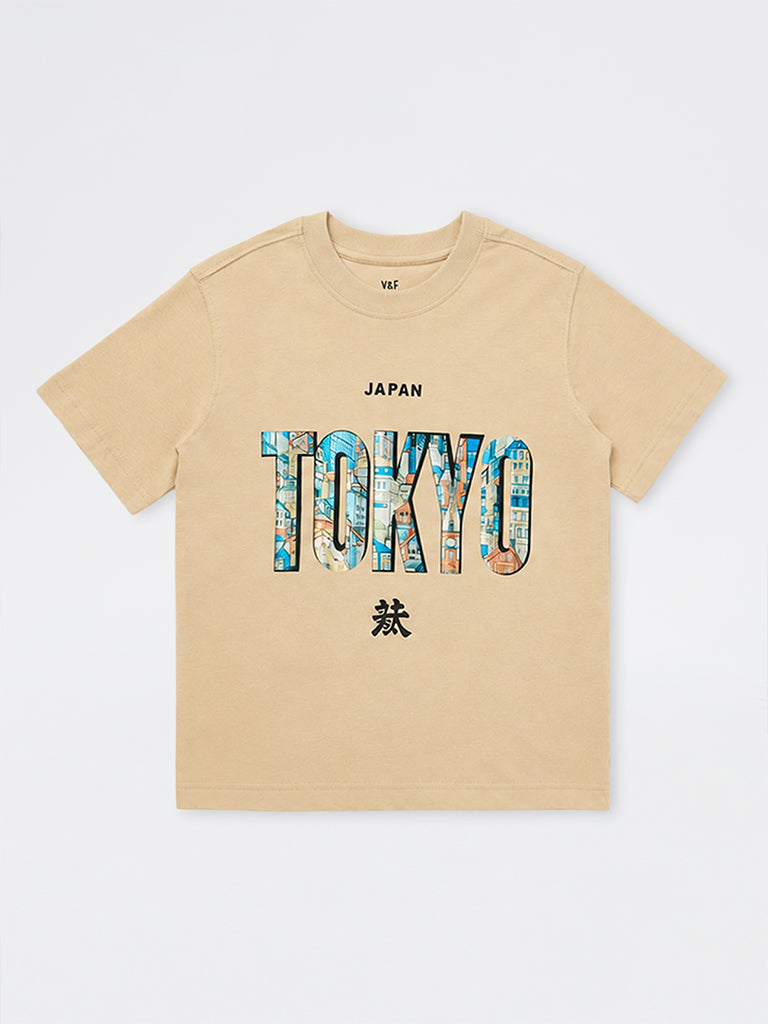 Boys Beige Text Printed Cotton T-Shirt