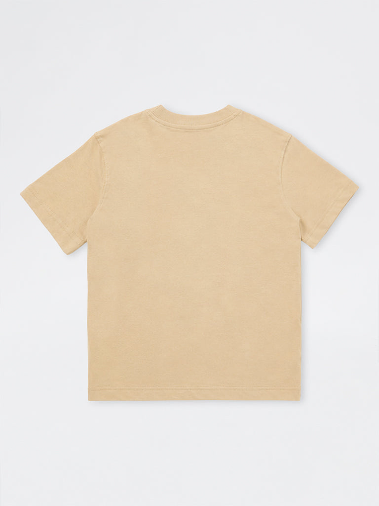 Boys Beige Text Printed Cotton T-Shirt