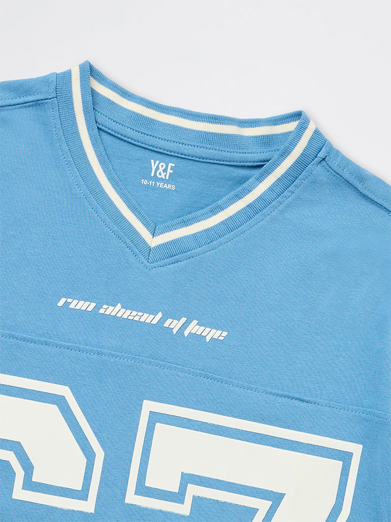 Boys Blue Numerical Printed Cotton T-Shirt