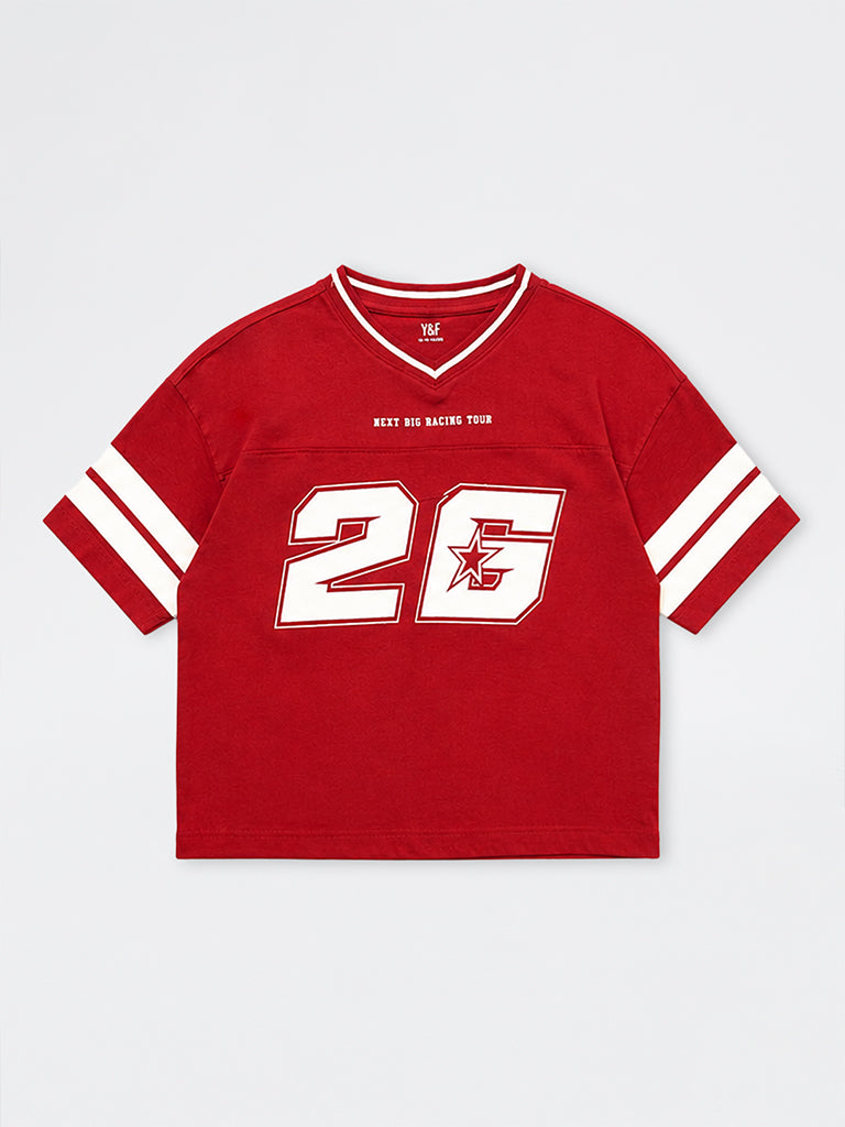 Boys Red Numerical Printed Cotton T-Shirt