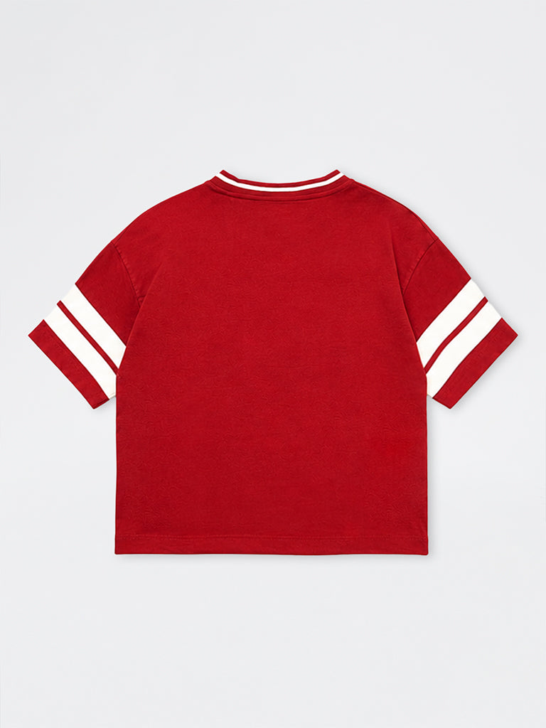Boys Red Numerical Printed Cotton T-Shirt