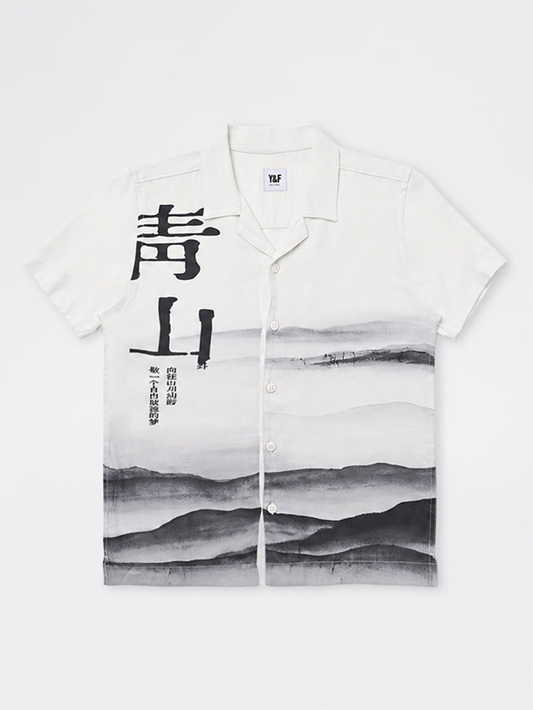 Boys Grey Landscape Printed Shirt