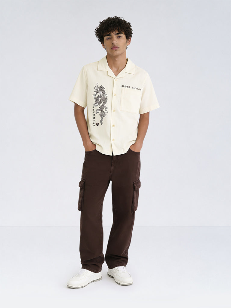Boys Off-White Printed Cotton Shirt