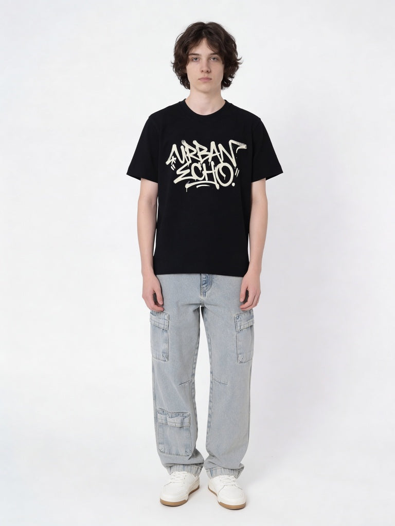 Boys Black Spray Printed Cotton T-Shirt