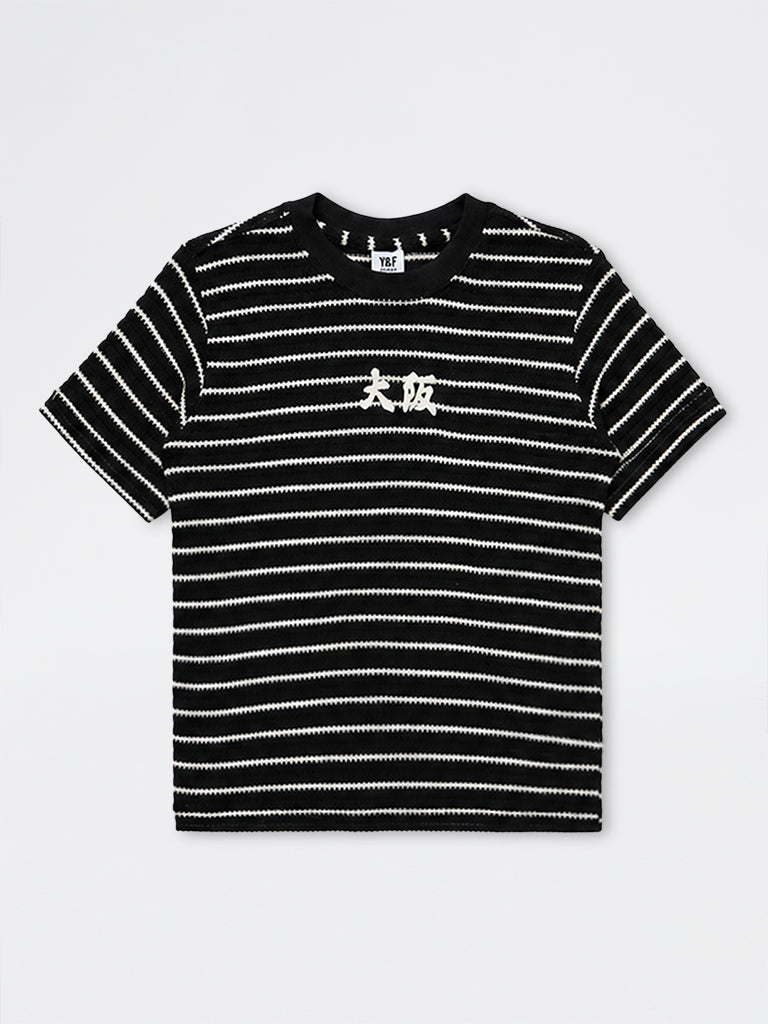 Boys Black Striped Cotton-Blend T-Shirt