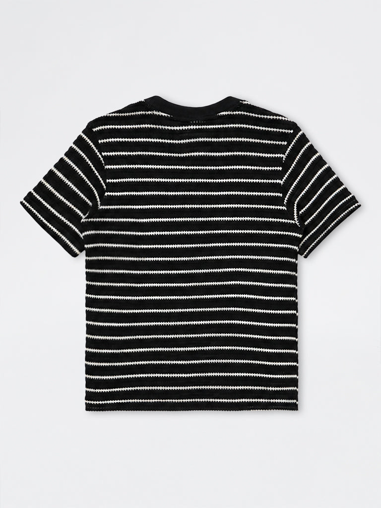 Boys Black Striped Cotton-Blend T-Shirt