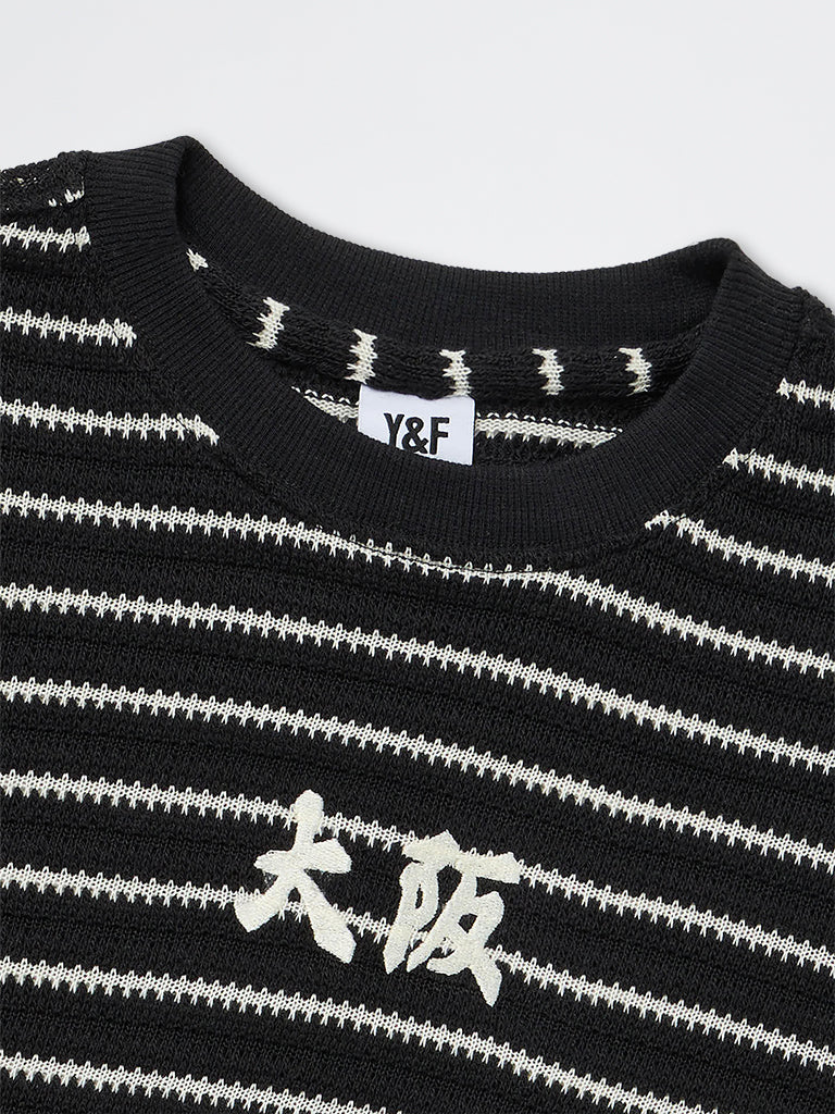 Boys Black Striped Cotton-Blend T-Shirt
