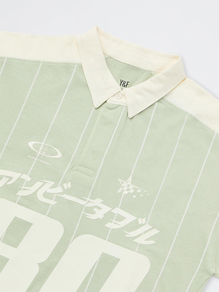 Boys Green Numerical Printed Cotton Polo T-Shirt