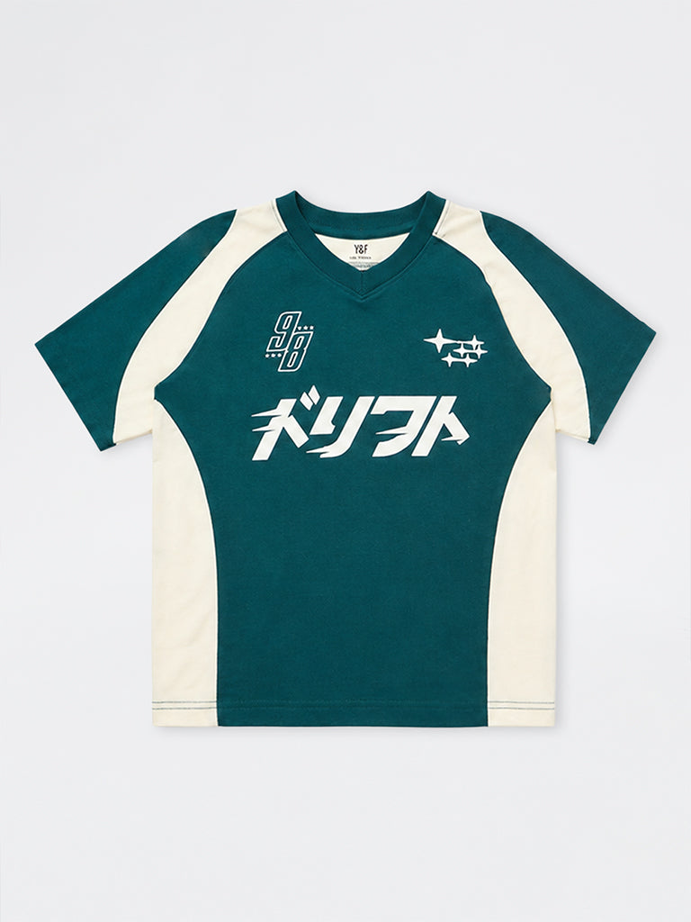 Boys Green Colour-Blocked Cotton T-Shirt