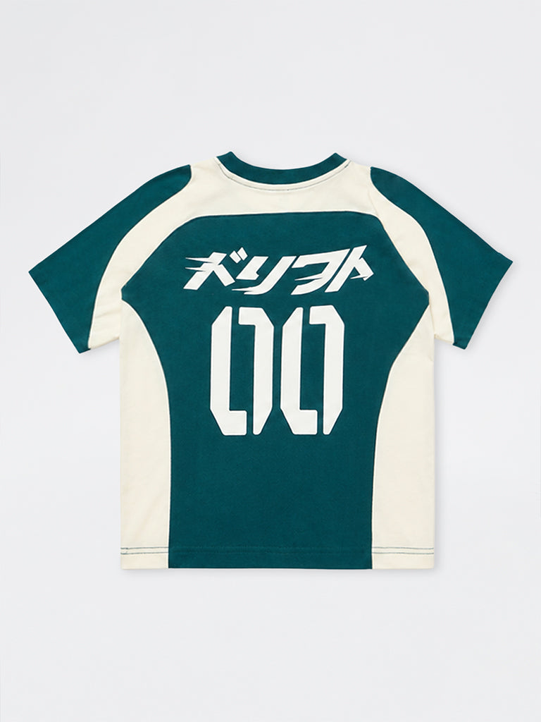 Boys Green Colour-Blocked Cotton T-Shirt