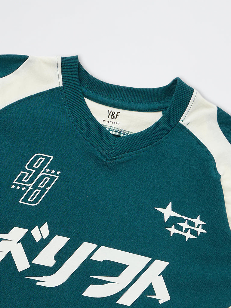 Boys Green Colour-Blocked Cotton T-Shirt
