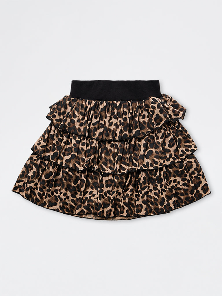 Girls Brown Animal Printed High-Rise Tiered Skirt