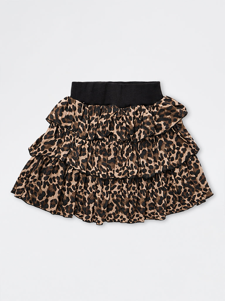 Girls Brown Animal Printed High-Rise Tiered Skirt