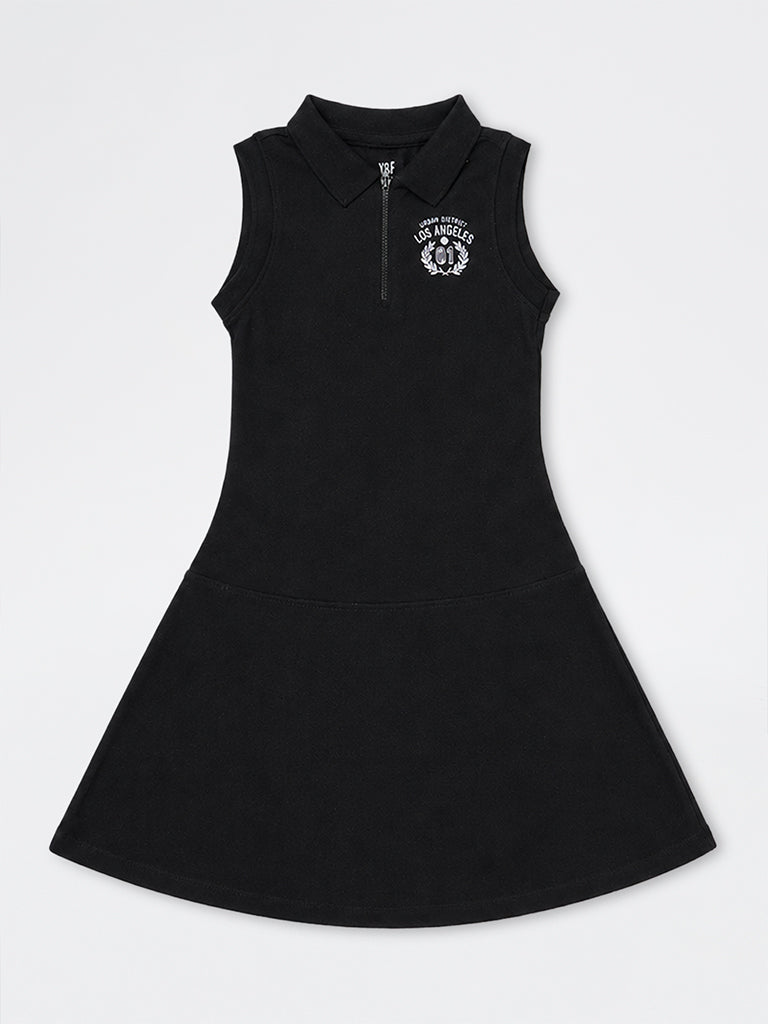 Girls Black Embroidered Cotton Tennis Dress