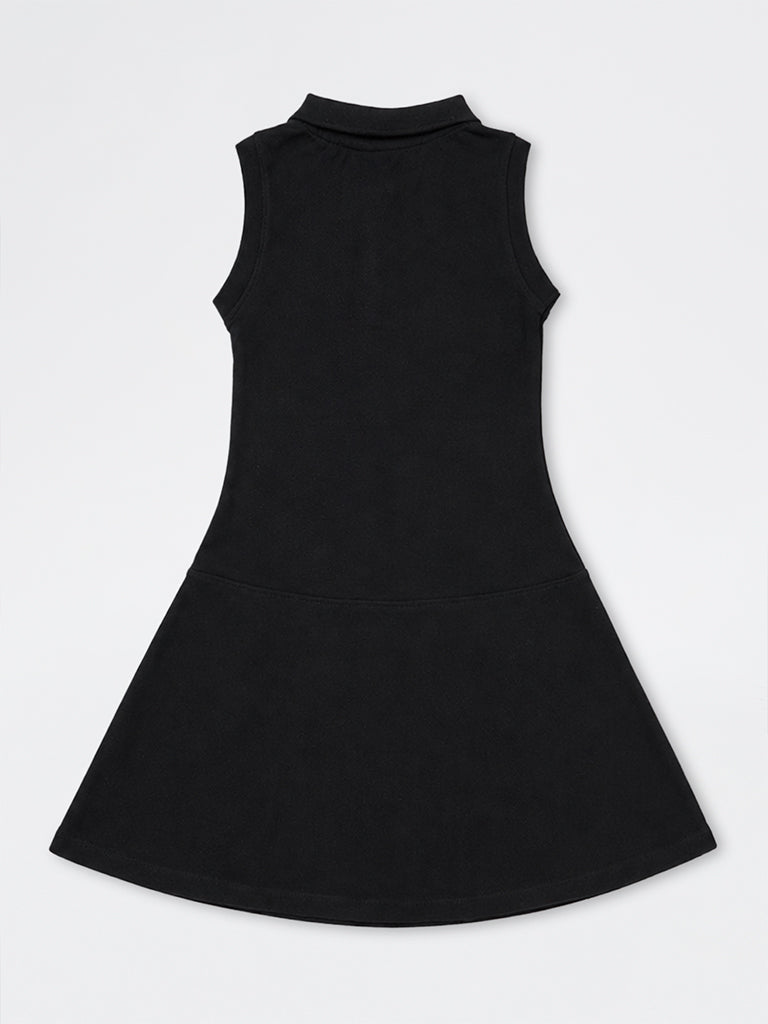 Girls Black Embroidered Cotton Tennis Dress
