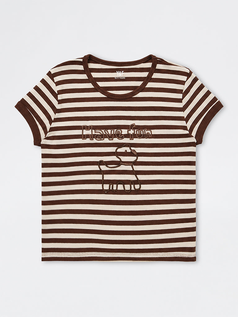 Girls Brown Striped Cotton-Blend T-Shirt