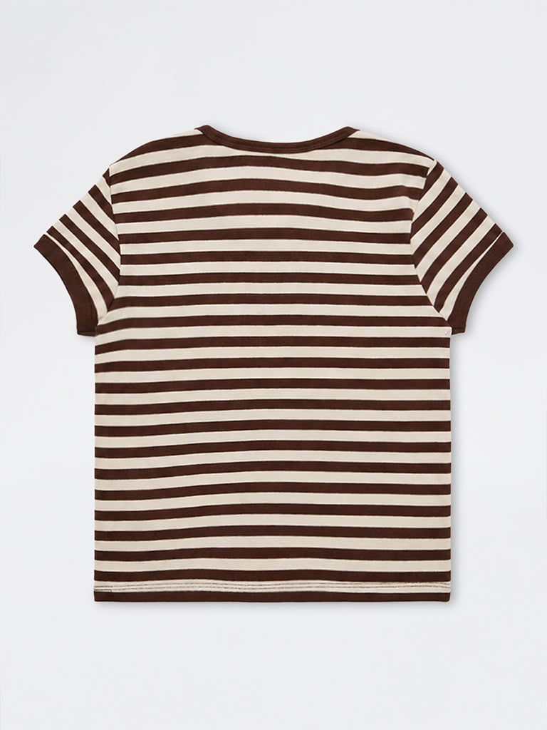 Girls Brown Striped Cotton-Blend T-Shirt