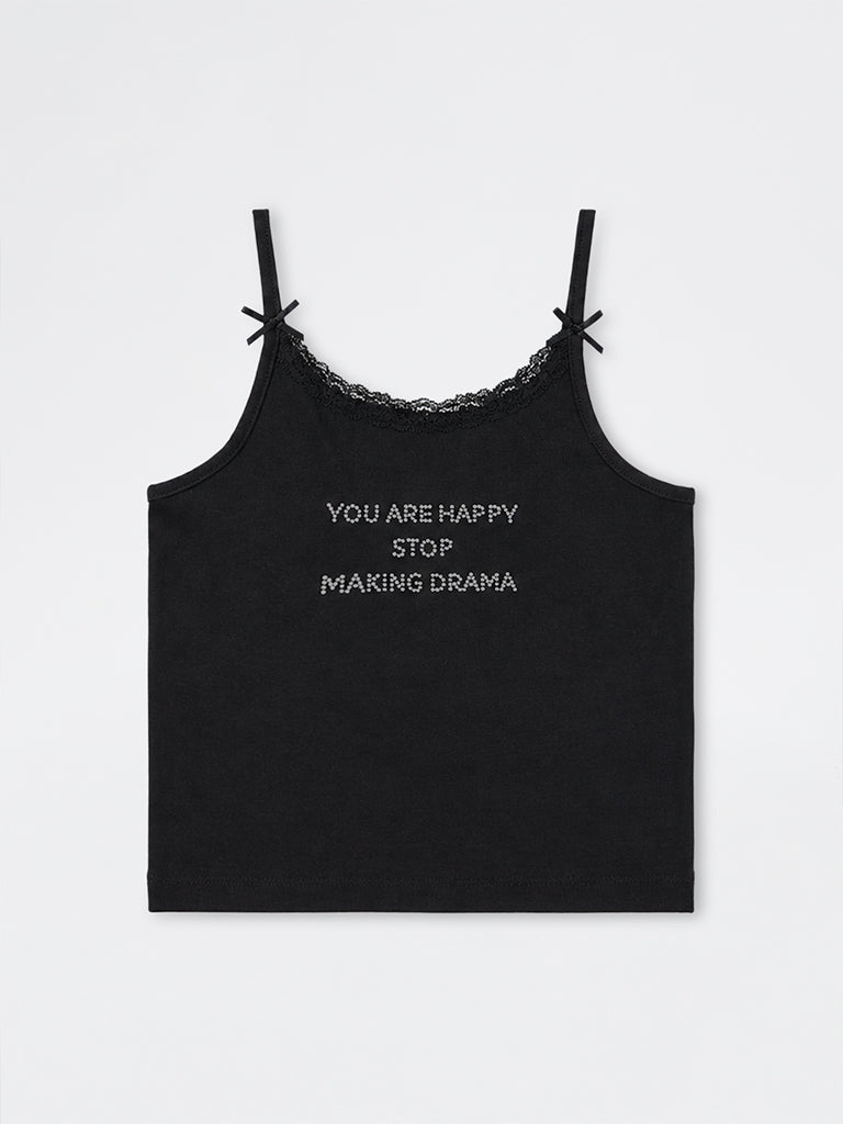 Girls Black Text-Detailed Cotton-Blend Top