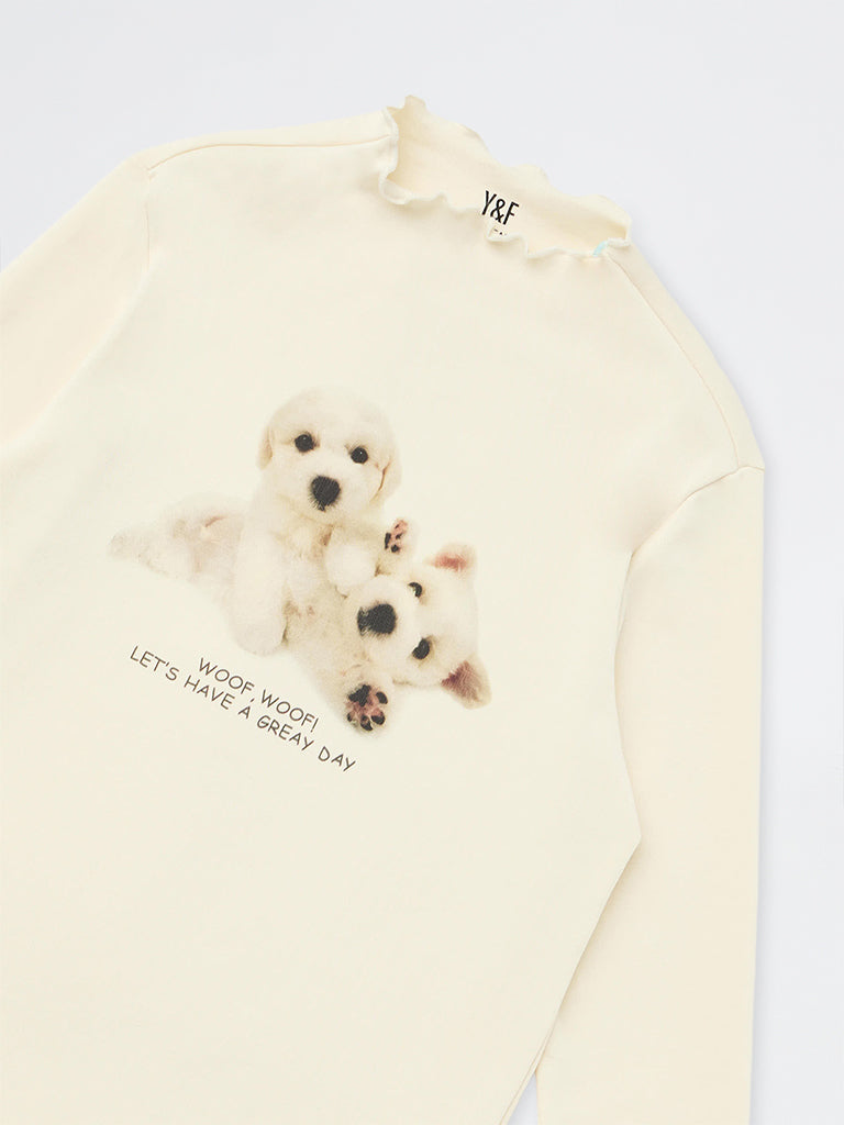 Girls Cream Animal Printed Cotton-Blend Top