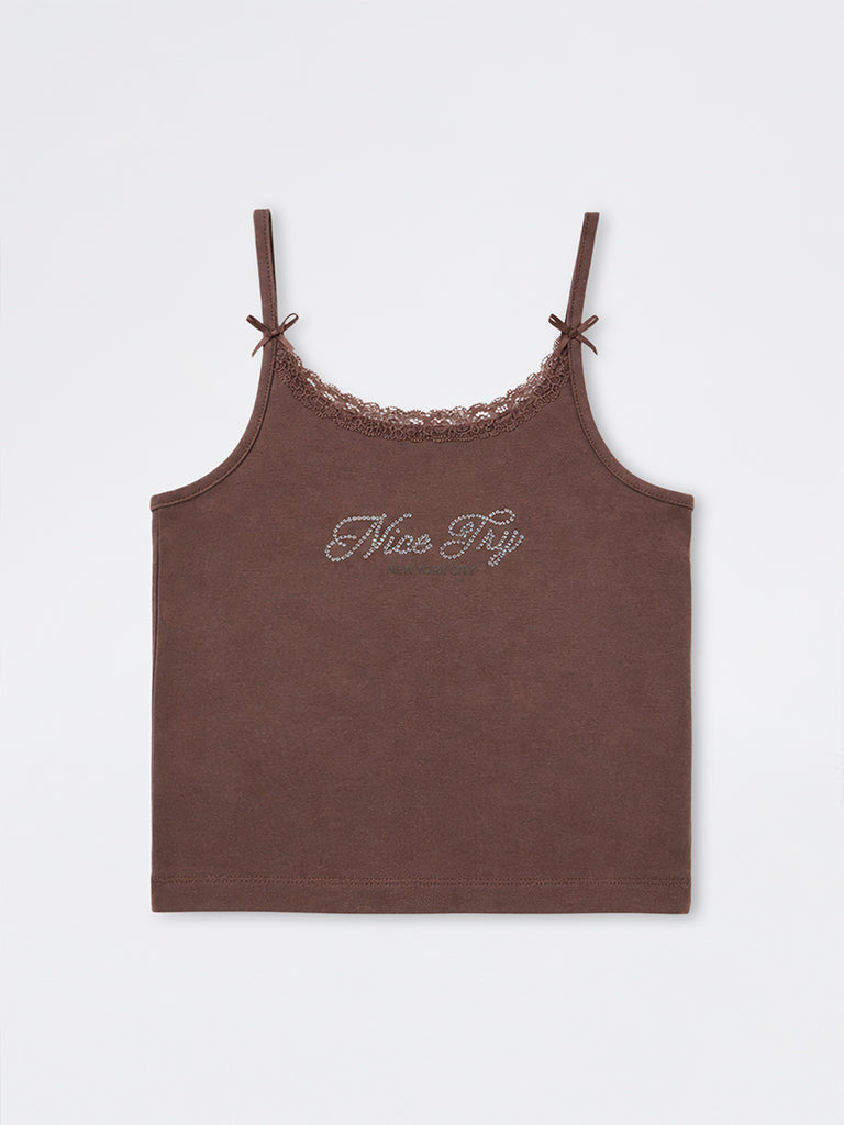 Girls Brown Text Embellished Cotton-Blend Top